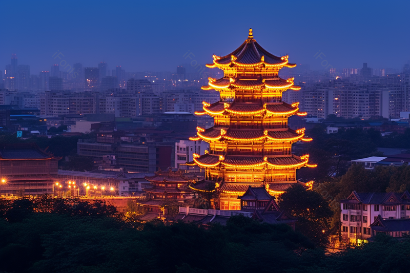 灯光全开的矗立在繁华城市的古楼建筑夜色,高清,摄影图,摄影图片,图片大全,摄影图免费下载